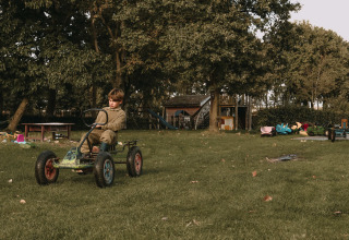 A child rides a pedal go-kart on a grassy playground surrounded by trees and toys in Gelderland, Netherlands.