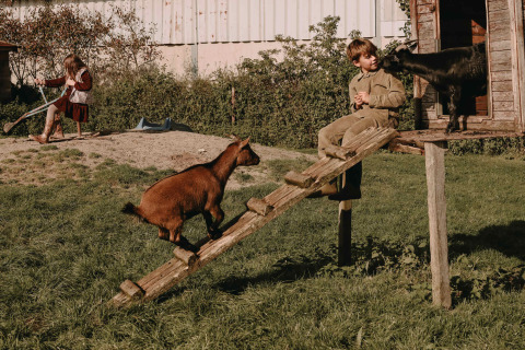 Children playing with goats on a farm, a boy sits by a hut and a girl plays with a wheelbarrow nearby.