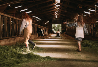 Børn leger i en lade med frisk hø på Feather Down Hoeve De Pippert-feriepark i Gelderland, Holland.