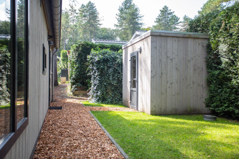 Udsigt over gangsti og græsplæne ved hytter i Boslodge på De Thijmse Berg, Holland, omringet af træer