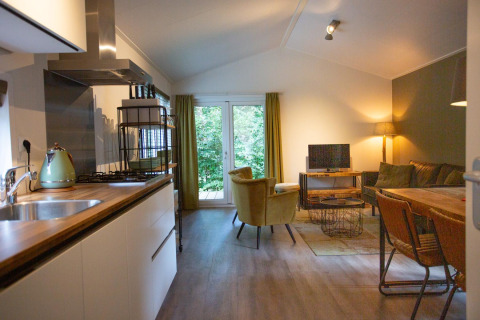 Acogedora sala de estar y cocina en Boslodge de De Thijmse Berg, Países Bajos, con decoración moderna.