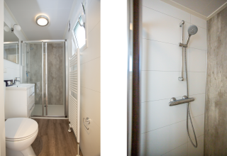 Bagno moderno con doccia e wc all’interno di una Boslodge a De Thijmse Berg, Paesi Bassi. Interni luminosi.