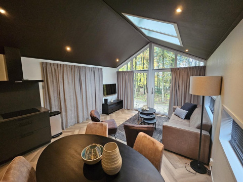 Moderna cabaña Bos Cottage Deluxe en De Thijmse Berg, Países Bajos, con grandes ventanales y decoración acogedora.