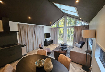 Lodge moderne Bos Cottage Deluxe à De Thijmse Berg, Pays-Bas, avec grandes fenêtres et décoration chaleureuse.
