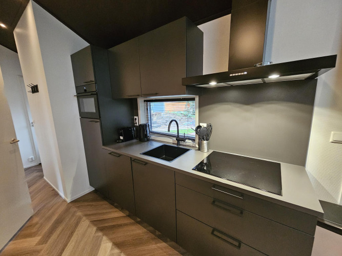 Modern kitchen with dark cabinets and wood-patterned floor at Bos Cottage Deluxe, De Thijmse Berg, Netherlands