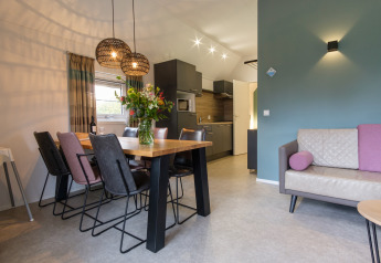 Modernes Wohnzimmer und Essbereich in der Vechtdallodge, Kampeerdorp de Zandstuve, mit offener Küche.