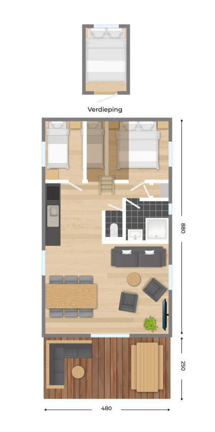 Plattegrond van de Vechtdallodge bij Kampeerdorp de Zandstuve met indeling, meubels en afmetingen.