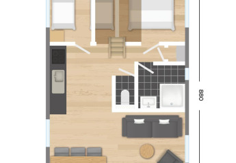 Plattegrond van de Vechtdallodge bij Kampeerdorp de Zandstuve met indeling, meubels en afmetingen.