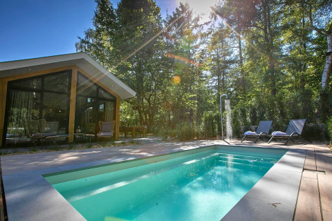 Piscina exterior junto a una moderna cabaña en De Thijmse Berg, Países Bajos, rodeada de árboles y sol.