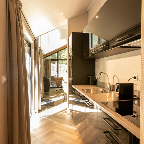 Cocina moderna en Pool Lodge de De Thijmse Berg, Países Bajos, con diseño elegante y luz natural abundante.