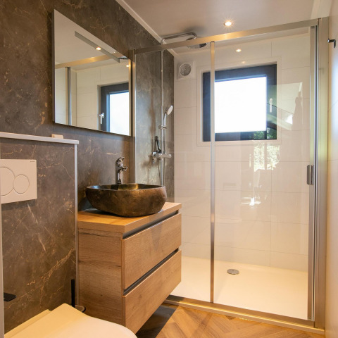 Baño moderno en Pool Lodge, De Thijmse Berg, Países Bajos, con lavabo de piedra, muebles de madera y ducha acristalada.
