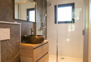 Baño moderno en Pool Lodge, De Thijmse Berg, Países Bajos, con lavabo de piedra, muebles de madera y ducha acristalada.