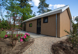 Moderne øko-hytte på De Thijmse Berg, Holland, omgivet af grussti, blomster og høje træer.