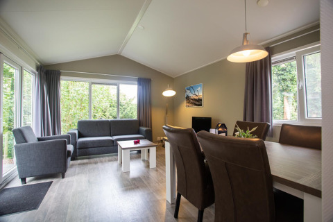 Lyst opholdsområde i Heuvelrug Cottage Comfort på De Thijmse Berg i Holland med moderne møbler.