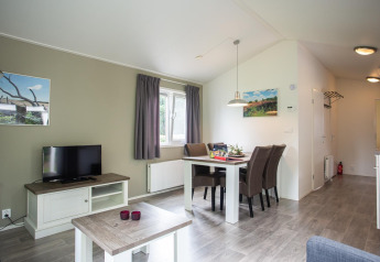 Espace salon et salle à manger du Heuvelrug Cottage Comfort à De Thijmse Berg, Pays-Bas, au décor contemporain.