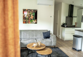 Sala con sofá gris, arte de mariposas, mesas de madera y cocina en Family Lodge + hot tub en De Thijmse Berg, Holanda.