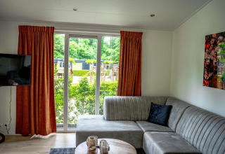 Sala moderna en Family Lodge con sofá gris y vistas al jardín, De Thijmse Berg, Países Bajos.