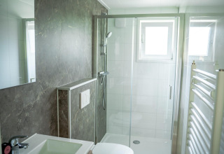 Baño moderno en la Family Lodge con ducha, lavabo y ventana en De Thijmse Berg, Países Bajos.