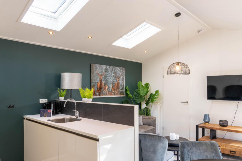 Modernes Lodge-Interieur mit Oberlichtern, Küche, Wohnzimmer und Pflanzen bei De Thijmse Berg, Niederlande.