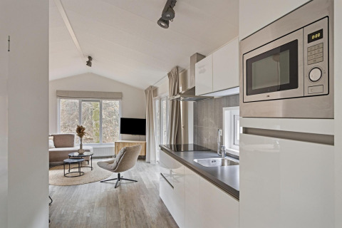Modern interieur van Wellness Lodge bij De Thijmse Berg, Nederland, met keuken en gezellige leefruimte.