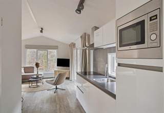 Interno moderno di Wellness Lodge a De Thijmse Berg, Paesi Bassi, con cucina e confortevole zona giorno.