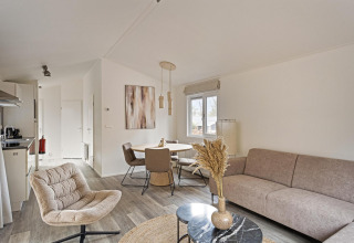 Moderne woonkamer in Wellness Lodge op De Thijmse Berg, Nederland, met stijlvolle inrichting en daglicht.