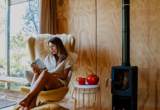 Mujer leyendo un libro en una acogedora casa pequeña junto a una estufa de leña, tetera y ventana soleada.