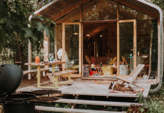 Pequeña casa de madera con paredes de cristal, terraza abierta y un perro descansando en el bosque.