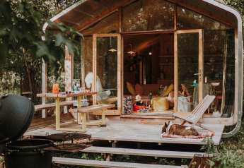 Tiny house con pareti di vetro nel bosco, terrazza con panche e un cane rilassato davanti.