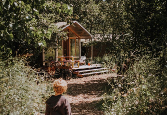 Een jong kind wandelt op een bosweg richting een tiny house, omringd door groene bladeren en bomen.