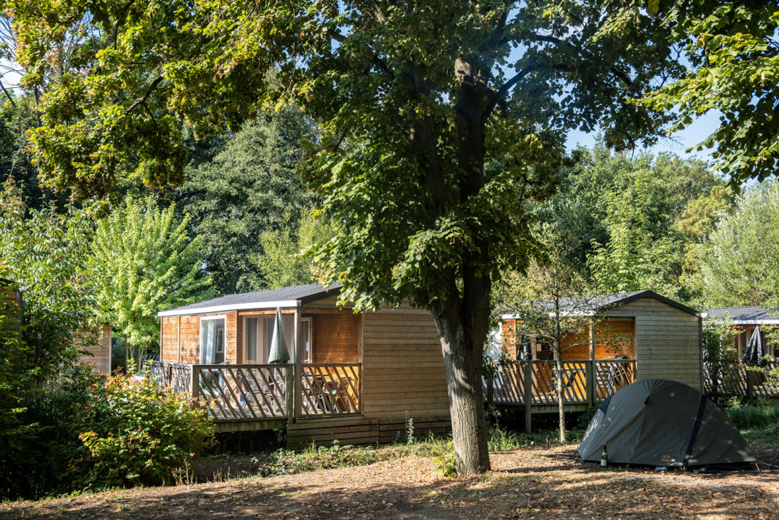 Mobile home Cottage tussen bomen en groen, met een tent opgezet op de voorgrond, rustieke natuur.