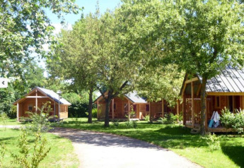 Bungalow in legno soleggiati al Chalet Montana, Camping de l'Ill - Colmar in Francia, circondati da alberi verdi.