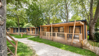 Cabañas de madera en Chalet Columbia rodeadas de árboles, césped y un entorno tranquilo y natural.