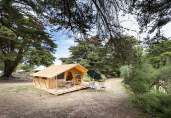 Das Safari-Zelt Tente Toile&Bois Classic steht auf einem Campingplatz, umgeben von hohen Bäumen.