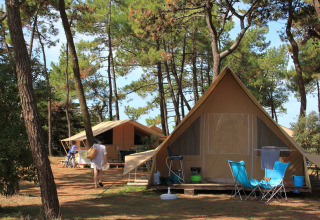 Tenda safari tra i pini all'Huttopia Noirmoutier, Francia, con sedie da campeggio e atmosfera familiare.