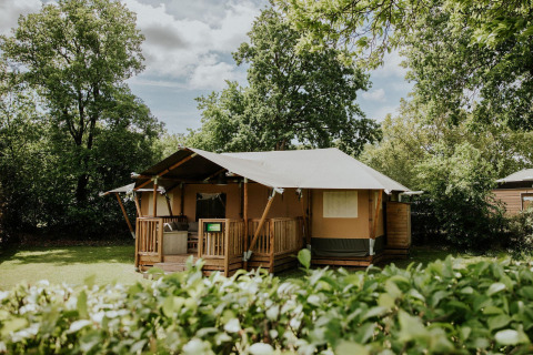 Tienda safari en Camping Si-Es-An, Países Bajos, rodeada de vegetación y árboles bajo un cielo azul.