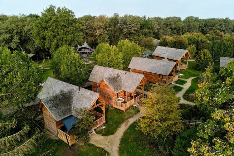 Vista aérea de las cabañas Heydehuis + Jacuzzi en Sandberghe, Países Bajos, rodeadas de árboles.