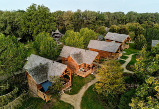 Vista aérea de las cabañas Heydehuis + Jacuzzi en Sandberghe, Países Bajos, rodeadas de árboles.