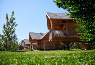 Houten lodges bij Heydehuis + Jacuzzi op Sandberghe, Nederland, tussen bomen en groene grasvelden.