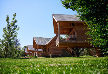Holzhütten bei Heydehuis + Jacuzzi im Sandberghe, Niederlande, umgeben von Bäumen und Rasen.