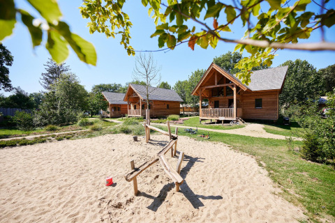 Houten lodges bij Sandberghe in Nederland met speeltuin, zandbak en veel omringend groen en bomen.