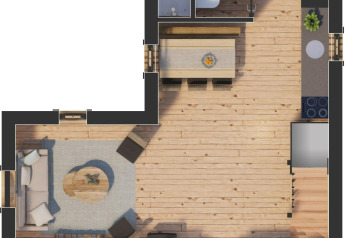 Plano de la casa Heydehuis + Jacuzzi en Sandberghe, Países Bajos, que muestra sala y comedor.