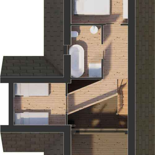 Plano de Heydehuis + Jacuzzi lodge en Sandberghe, Países Bajos, con dormitorios y baño visible.