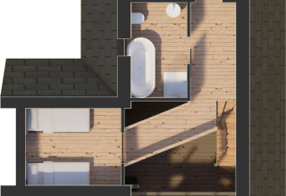 Plano de Heydehuis + Jacuzzi lodge en Sandberghe, Países Bajos, con dormitorios y baño visible.