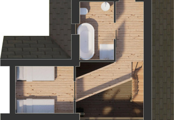 Plano de Heydehuis + Jacuzzi lodge en Sandberghe, Países Bajos, con dormitorios y baño visible.