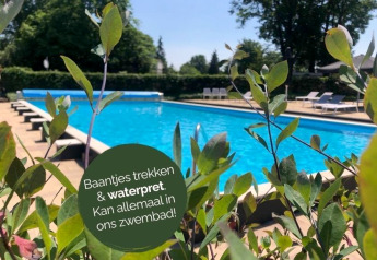 Outdoor pool at Heydehuis + Jacuzzi glamping, surrounded by greenery and lounge chairs on a sunny day.