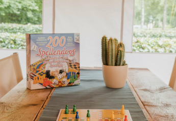 Juego de mesa y cactus sobre mesa de madera en una tienda safari en Beter Uit Holiday Park Walsdorf, Luxemburgo.