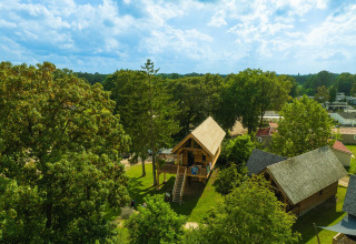 Aerial view of Heydehuis + Jacuzzi treehouse at Sandberghe in the Netherlands, surrounded by lush greenery.