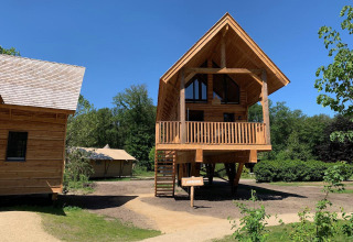 Baumhaus Heydehuis mit Jacuzzi bei Sandberghe, Niederlande, im Grünen unter blauem Himmel an einem sonnigen Tag.