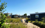 Moderne glamping huisjes met fietsen voor de deur, omringd door hoog gras en een heldere blauwe lucht.